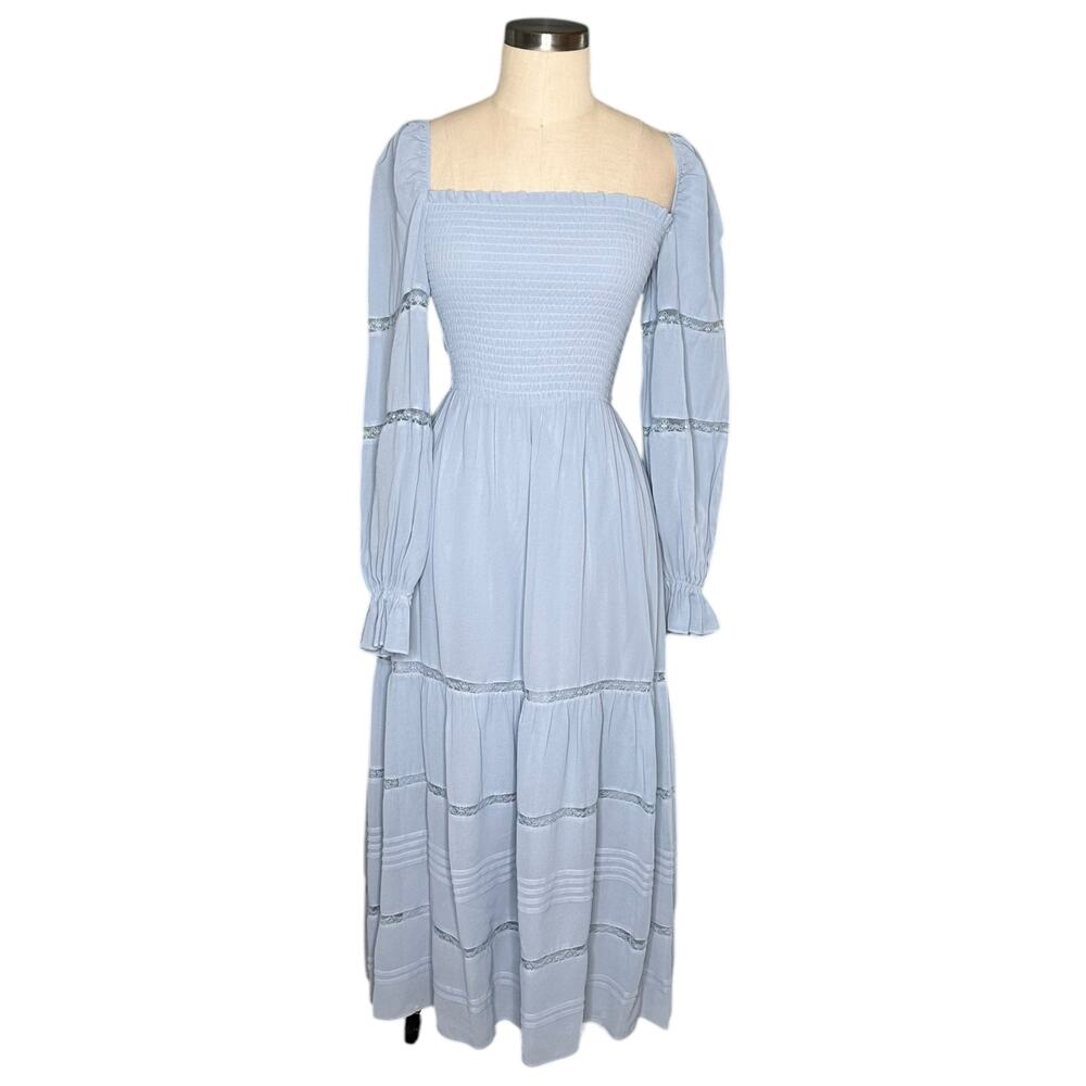 REFORMATION Jessy Dress Smocked Midi Dress Mineral Blue Women's Size 0 Boho Chic